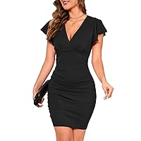 OWIN Women's Sexy V Neck Ruffle Sleeve Faux Wrap Ruched Bodycon Mini Party Cocktail Dress
