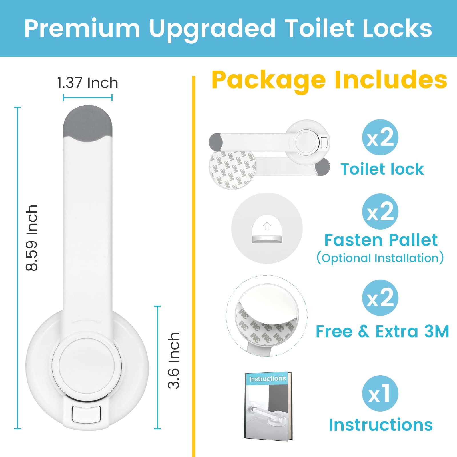 Baby Toilet Lock (2 Pack) for Child Safety, Baby Proof Toilet Seat Lock with 2 Extra Pallet Fit for Most Standard Toilet, Easy Intallation Toilet Lid Lock with 2 Extra 3M Adhesive