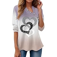 T Shirts for Women Casual Fashion Print Button V Neck Tees Blouses Long Sleeve Sexy Loose Fit Tops Trendy Clothes