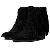 MOOMMO Women Tassel Western Booties Chunky Block Heel Suede Cowboy Ankle Boots Fringe Pointed Closed Toe V-Cut Stacked Heel Slip On Short Boots Cowgirl Embroidered Vintage Party 4-11 M US