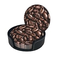 Coasters Sets of 6 with Holder PU Leather Bar Drink Coasters for Coffee Table Home Decor, New Apartment Essentials for Men Women Housewarming Gifts - Funny Roasted Coffee Beans