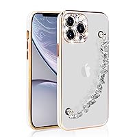 Bonitec Case for iPhone 13 Pro Max Clear Case with Grip Strap Chain, Bling Rhinestone Diamond Camera Cover Phone Case for Women Girls, White Bezel
