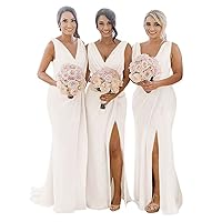 Women's V Neck Chiffon Bridesmaid Dresses with Slit Formal Evening Party Dress for Wedding Mermaid Prom Dresses