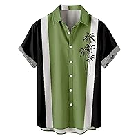 Men's Hawaiian Shirts Casual Summer Short Sleeve Color Block Tops Cotton Linen Button Down Regular Fit Bowling Shirts