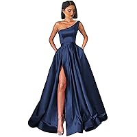 GUKARLEED One Shoulder Prom Dresses 2024 with Slit for Women Navy Blue Satin Ball Gown Long Formal Party Dress US 12