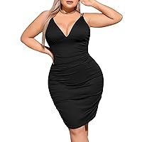 SOLY HUX Women's Plus Size Ruched Bodycon Cami Dress V Neck Spaghetti Strap Short Dresses