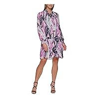 DKNY Womens Purple Pleated Smocked Lined Printed Blouson Sleeve Tie Neck Above The Knee Wear to Work Shift Dress 2