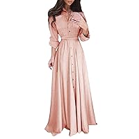 Women 2023 Long Sleeve Lapel Button Down Belted Gown Formal Evening Wedding Guest Maxi Long Maxi A-Line Dresses