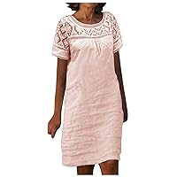 Manzene Women's Shirt Dress Summer Short Sleeve Classic Lace Patchwork Plain Dress Crew Neck Casual Shift Dress for Mom Pink