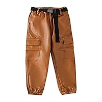 Girls Spring and Autumn Brown Big Pockets Pu Work Pants with Belt Cool Girls Daily Wear Pants Girls 10/12 Outfits