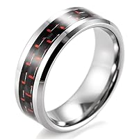 Men's 8mm Bevel Edge Tungsten Ring with Red and Black Carbon Fiber Inlay