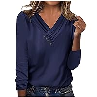 Womens Autumn Tops 2023 Sexy Casual V Neck Button Up Pleated Tee Shirts Trendy Long Sleeve Tunic Tops Dressy Blouses