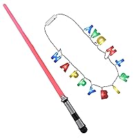2 in 1 Bundle Light Up Happy LED Lights Necklace and 28 Inches Red Light Saber