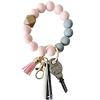 Silicone bead keyring bracelet, bead wrist bracelet car keychain， with PU leather tassel keyring bracelet, silicone bead bracelet keychain for women's gifts