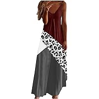 Womens Summer Trendy Leopard Geometric Print Color Block Long Maxi Dress Casual V Neck Spaghetti Strap Sleeveless Tank Dress