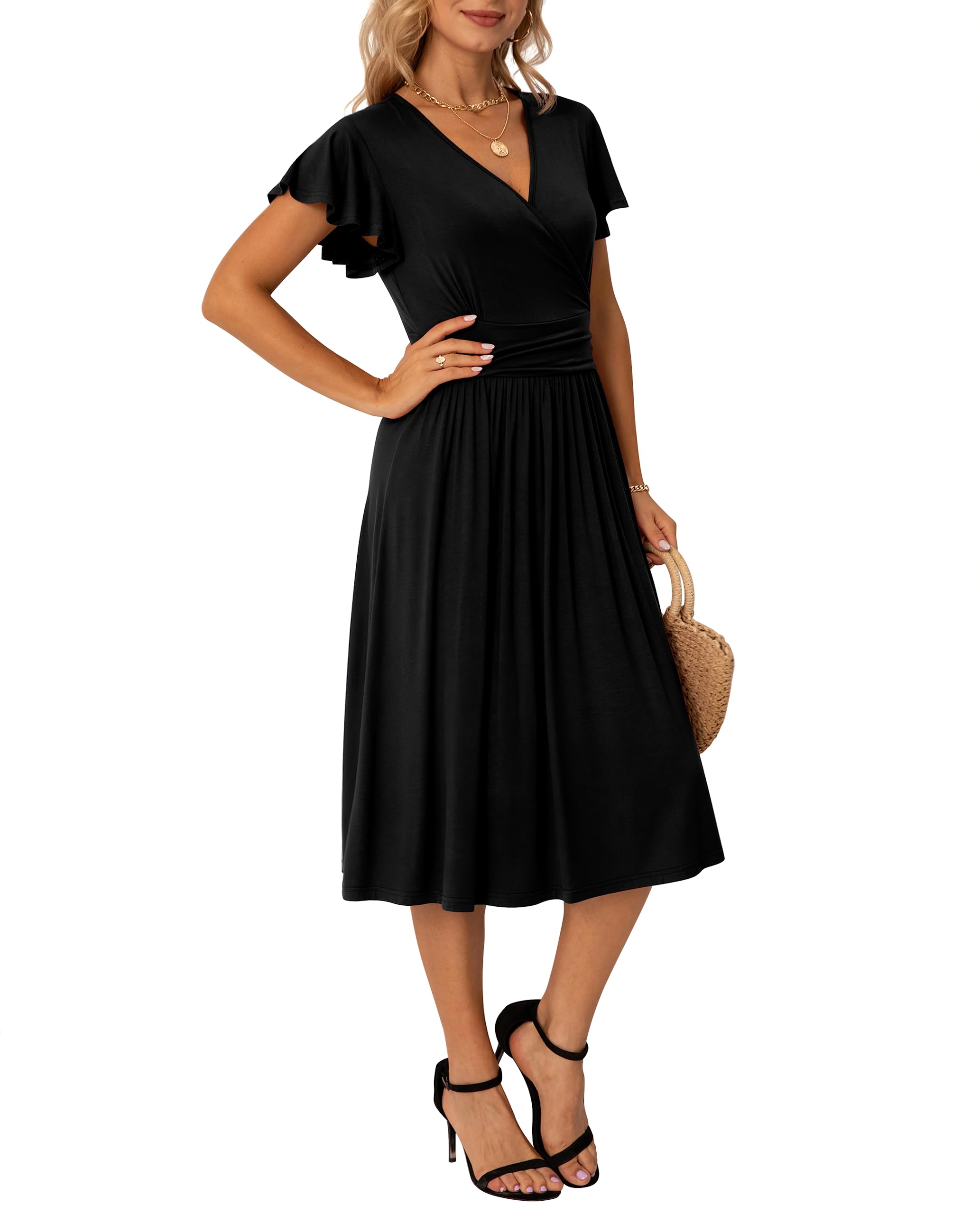 GRECERELLE Spring Summer Dress for Women Casual Ruffle Short/Long Sleeve Dresses, Wrap V-Neck Dress