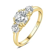 JewelryPalace Classic 3 Stones Cubic Zirconia Engagement Rings for Women, 925 Sterling Silver 14K Gold Plated Promise Ring for Her, Round Cut Simulated Diamond Anniversary Wedding Rings Size 4-12