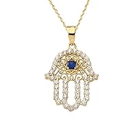 CHIC DIAMOND & BLUE SAPPHIRE HAMSA PENDANT NECKLACE IN YELLOW GOLD - Gold Purity:: 14K, Pendant/Necklace Option: Pendant With 18