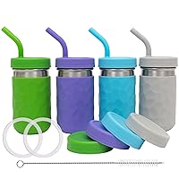 WeeSprout 2-in-1 Drinking Cups for Kids, Durable Stainless Steel Tumbler for Smoothies, Silicone Straws with Stoppers, Premium Plastic Twist Lids, Easy-Grip Sleeves, Set of 4 Dishwasher Safe Kid Cups
