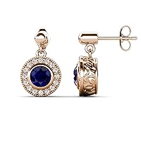 Round Lab Created Blue Sapphire & Natural Diamond 1.66 ctw Halo Drop and Dangle Earrings 14K Gold