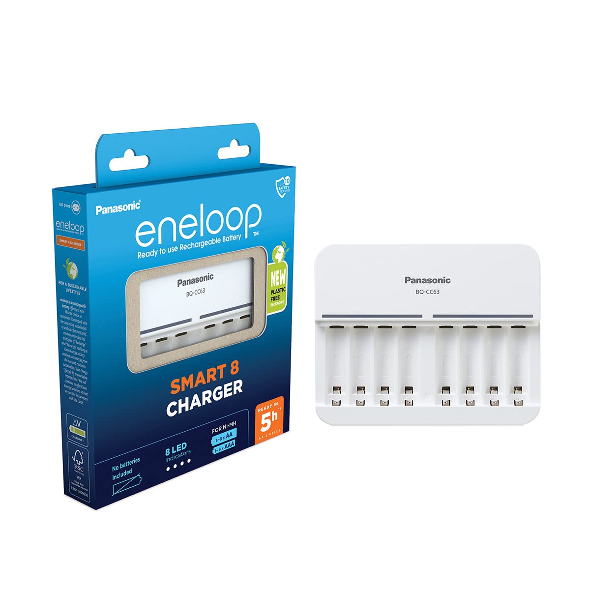 Panasonic eneloop Smart 8 Charger for 1-8 AA/AAA NI-MH Batteries, with 8 LED Indicators and 9 Safety Functions, Blue
