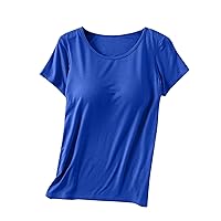 Built-in Bra T-Shirt for Womens Padded Active Tops Summer Short Sleeves Blouses Soft Pajama Casual Shirts for Workout Yoga