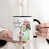 Gather Friends Watercolor Floral Mug Cup, 11oz Coffee Mugs Cups with Quotes, Flowers Painting Porcelain Inspirational Coffee Cup for Cocoas Beverages Cappuccino, New Year Birthday Party New Home Gift