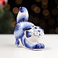 AEVVV Traditional Gzhel Porcelain Cat Figurine, Hand-Painted Blue and White Decorative Interior Souvenir, 3.1 in