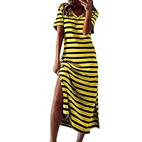 Women's Summer Casual Dress Womens Summer Stripe Maxi Dress Short Sleeve V Neck Casual Loose Long Beach Split