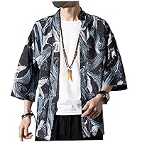 Men Japanese Cardigan Seven Sleeves Thin Open Front Kimono Coat Jacket M Blue Men Japanese Tops