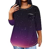 Plus Size Womens Summer Tops Plus Size Tops for Women 2024 Sparkly Casual Fashion Loose Fit Trendy with 3/4 Length Sleeve Round Neck Shirts Purple 3X-Large