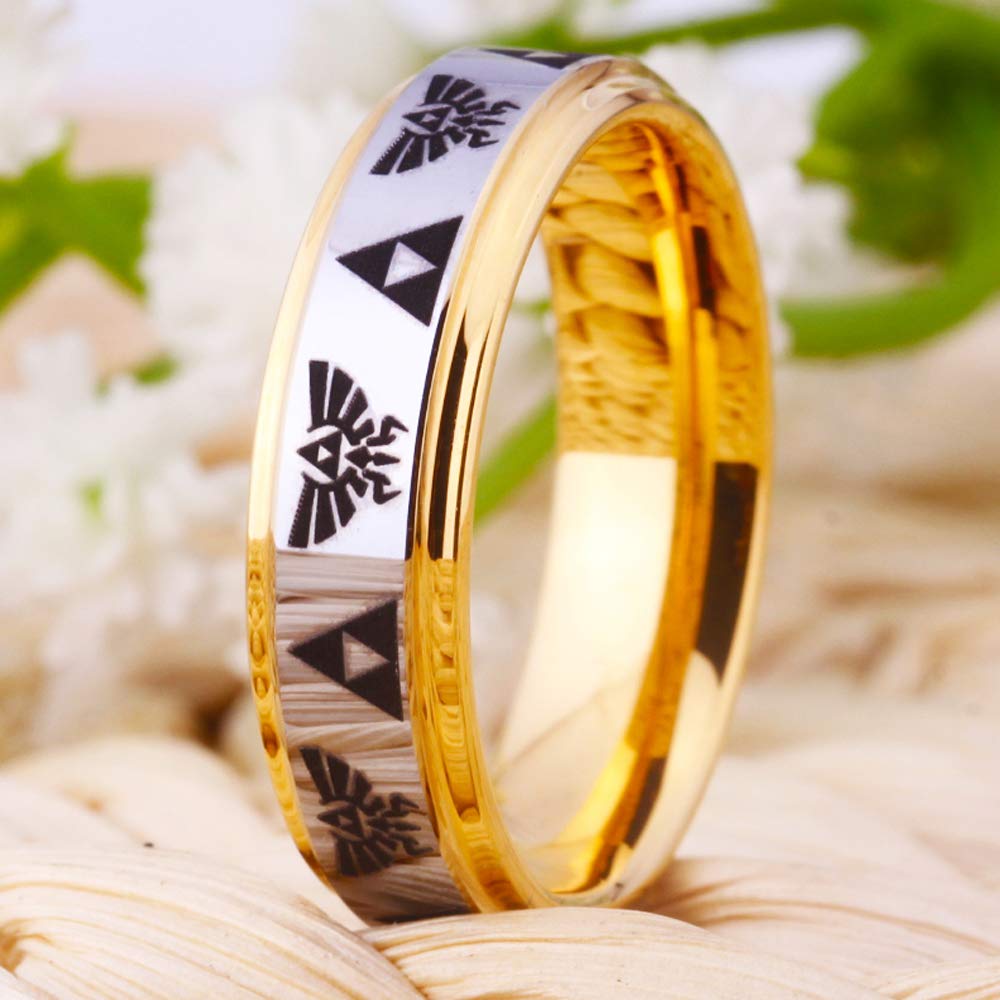 CLOUD DANCER FREE Custom Engraving The Legend of Zelda Ring- Crest and Triforce Ring Gold Tone Step Tungsten Carbide Wedding Bands Ring
