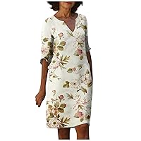 Ladies Dresses, Short Sleeve Dress for Women Floral Dresses for Women 2024 V-Neck Dress Women's Summer Short Sleeve Trendy Solid Color 2024 Lace Splicing Womens Cotton Linen Loose (Beige,3X-Large)