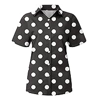 Women's Summer Tops Fashion Casual Short Sleeve Polka Dots Print Buttons Lapel Shirt Top Blouse 2023