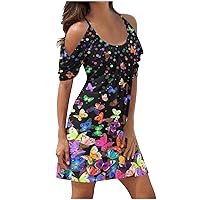 Modest Summer Dresses for Women Dressy 2023 Casual Sexy Cold Shoulder Scoop Neck Tunic Dress Butterfly Tshirt Sundress
