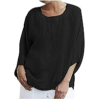 Summer Casual Baggy Cotton Linen Solid Tunic Tops for Womens Trendy 3/4 Sleeve Crewneck Tee Blouses for Vacation