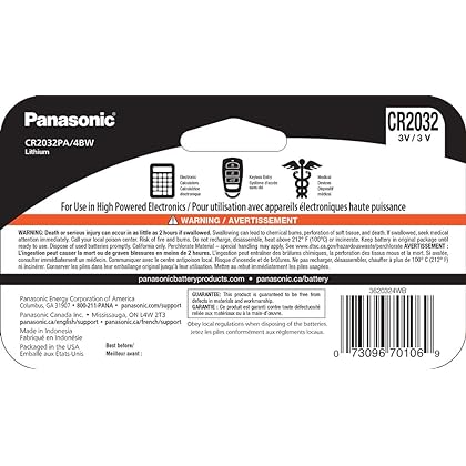 Panasonic CR2032 3.0 Volt Long Lasting Lithium Coin Cell Batteries in Child Resistant, Standards Based Packaging, 4 Pack