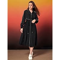 BOBONI Women's Jackets Autumn Top-Stitching Drawstring Waist Zip Up Coat Lightweight Fashion (Color : Black, Size : Large)