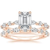 Moissanite Bridal Ring Set, 14K Rose Gold, 2 CT Emerald Cut Stones, Wedding Band and Engagement Ring Gift