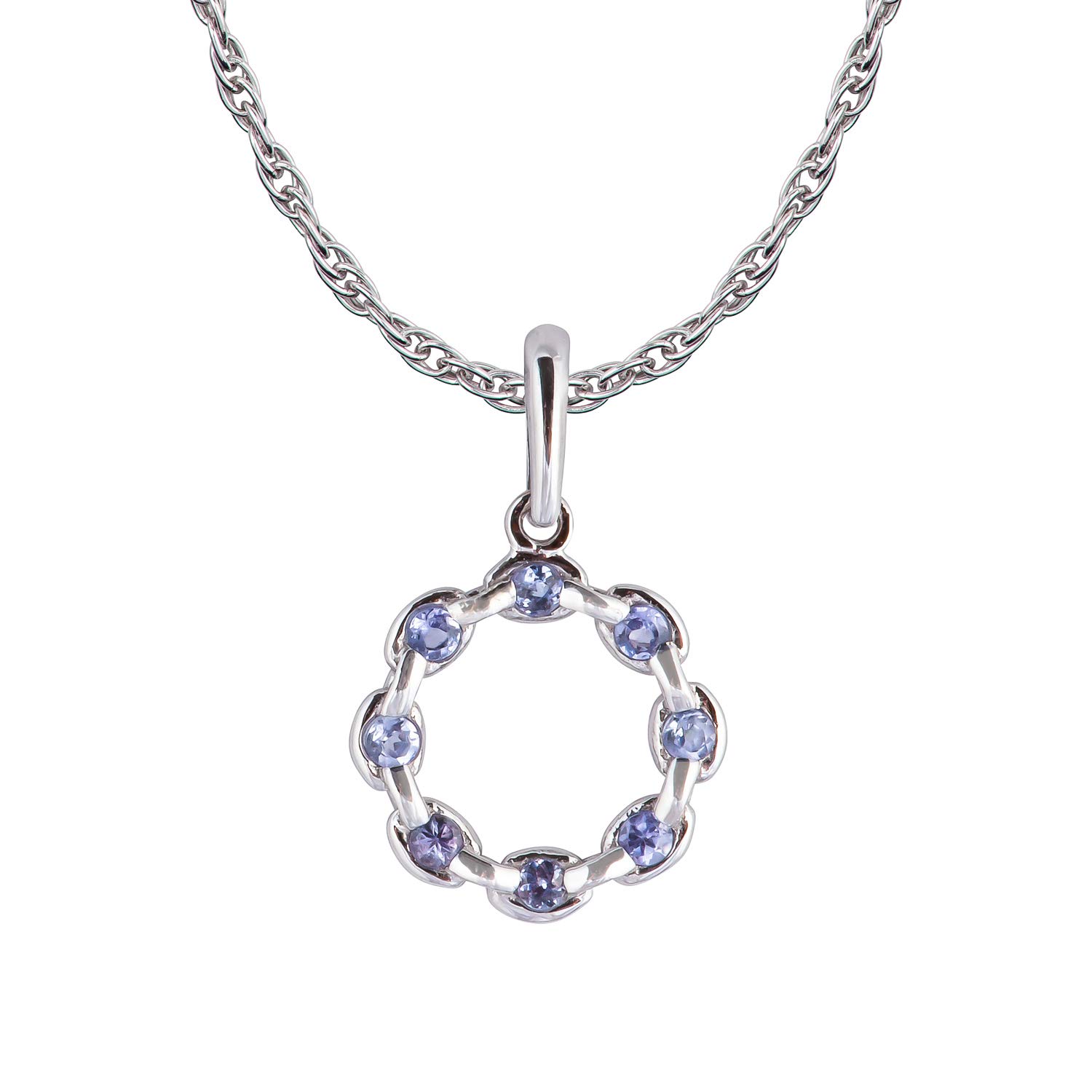 10k White Gold Genuine Round Tanzanite Circle Pendant Necklace