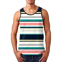 Men's Summer Beach Tank Top Striped Sleeveless Crew Neck Loose Fit T-Shirts Sports Workout Running Fitness Tee
