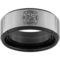 Fireman Maltese Cross 10mm Black Tungsten Bevel Comfort Fit Ring Available in Sizes 5-15 (Full & Half Sizes)
