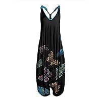 Women's Stretchy Jumpsuits Leisure Floral Jumpsuits Casual Loose Sleeveless Strap High Waist Rompers Outfits, S-5XL