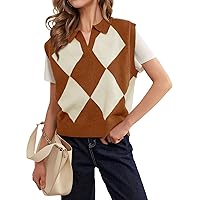 FERBIA Womens Argyle Plaid Knit Sweater Vests V Neck Lapel Sleeveless Casual Trendy Ribbed Pullover Tank Tops