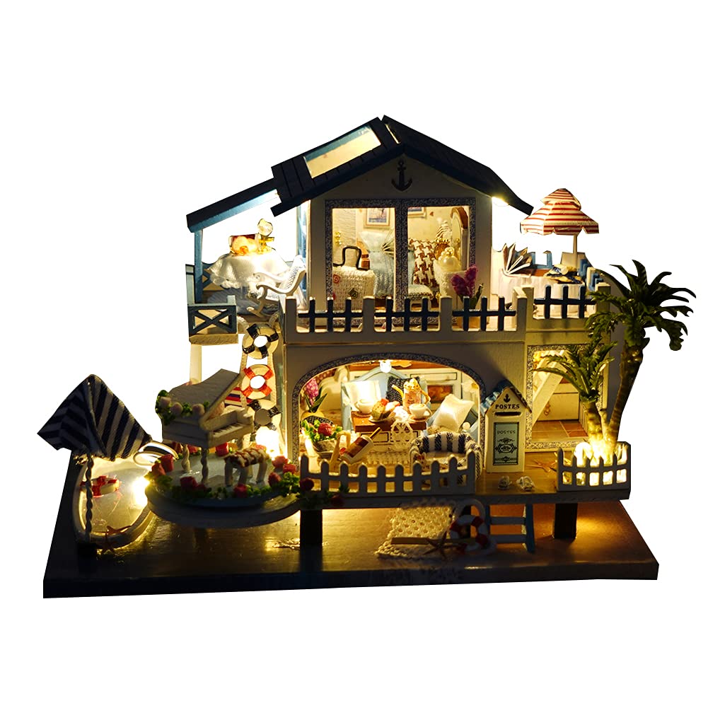 WonDerfulC Miniature Wooden Dollhouse Japanese/Seaside/Car House Market DIY Doll House Kit Villa Building 3D Model Creative Gifts for Friend and Parents (Seaside Villa) TC series