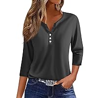 Oversized Henley Shirts for Women,3/4 Length Sleeve Womens Tops Button Henley V Neck Shirts Henley 2024 Summer Blouses Dressy Fashion Print Clothes 3/4 Sleeve Workout Tops for Women