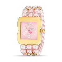 Betsey Johnson Women's Watch Rectangular Gold Plated Alloy Case Rose Face Pink Simulated Pearl Band (BJW158PK)