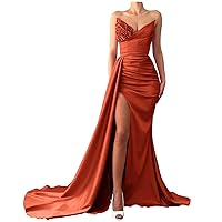 Women's Beaded Prom Dresses 2022 Strapless Long Slit Mermaid Sequin Satin Evening Gowns Bridesmaid Burnt Orange 16 Plus