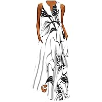 Women Clothes Clearance of Sale Sundresses for Women 2024 Floral Print Sleeveless Maxi Dress with Pockets Tank Summer Dress Notch Neck Beach Dresses