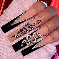 24 Pcs Long Press on Nails Black Coffin French Fake Nails Full Cover Bling False Rhinestone Nails Design for Women and Girls